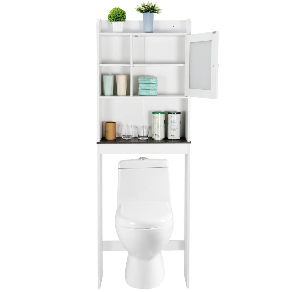 JungleA Over The Toilet Storage Cabinet, Bathroom Organizer, Freestanding Toilet Storage Rack, Wooden Space Saver, w/Adjustable Shelf and Glass Door for Home Bathroom Linens Toiletry, White