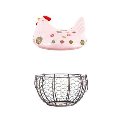 Egg Basket, Ceramic Iron Art Chicken-Shaped Racks & Holders Nordic Fruits Storage Hamper For Kitchen Home Decoration (Color : Pink, Size : A)