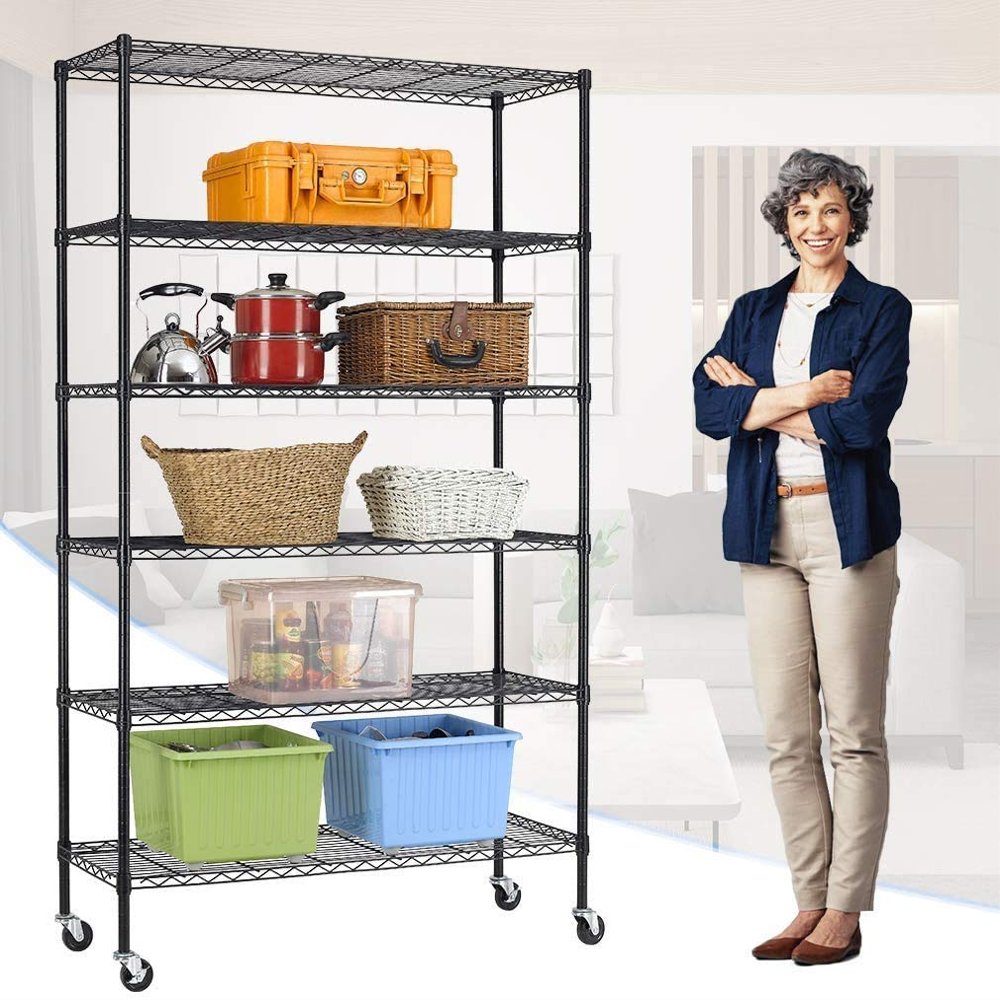 6 Tier Garage Shelving Heavy Duty 2100LBS Wire Metal Storage Shelves w/Height Adjustable Storage Rack & Casters, NSF Certified Shelving Unit 82"x48"x18", Black