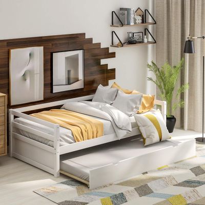 P PURLOVE Twin Size Daybed with Trundle Bed Frame Set Wood Daybed for Living Room, Guest Room, Bedroom