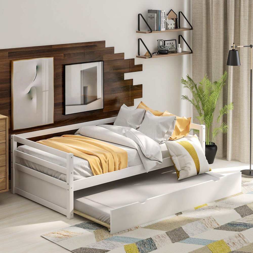 P PURLOVE Twin Size Daybed with Trundle Bed Frame Set Wood Daybed for Living Room, Guest Room, Bedroom
