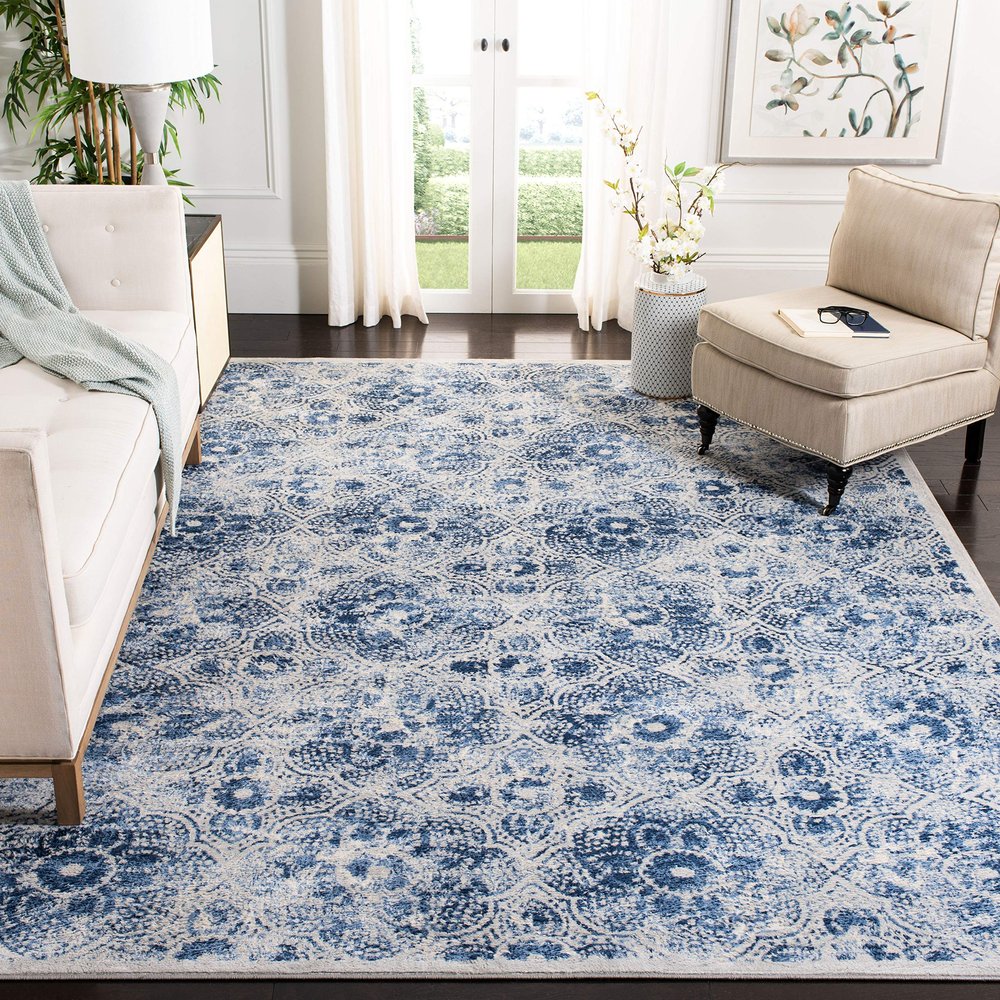 Martha Stewart x SAFAVIEH Area Rug Collection - 6'7" Square, Cream & Blue, Floral Pattern, Non-Shedding & Easy Cleaning, Ideal for Living Room, Bedroom, Office, Dining Space (MSR2862D)