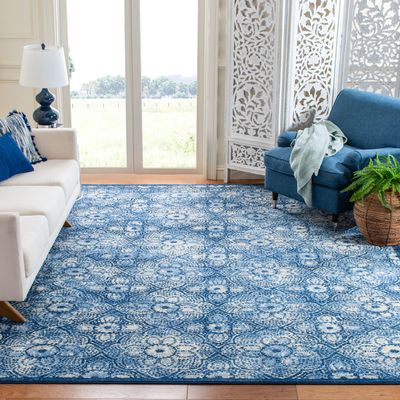 Martha Stewart x SAFAVIEH Area Rug Collection - 6'7" Square, Navy & Cream, Floral Pattern, Non-Shedding & Easy Cleaning, Ideal for Living Room, Bedroom, Office, Dining Space (MSR2862N)