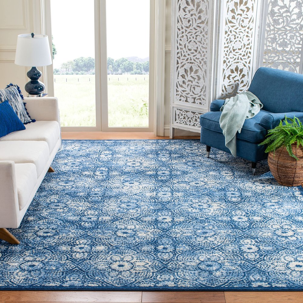 Martha Stewart x SAFAVIEH Area Rug Collection - 6'7" Square, Navy & Cream, Floral Pattern, Non-Shedding & Easy Cleaning, Ideal for Living Room, Bedroom, Office, Dining Space (MSR2862N)