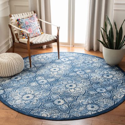 Martha Stewart x SAFAVIEH Area Rug Collection - 6'7" Round, Navy & Cream, Floral Pattern, Non-Shedding & Easy Cleaning, Ideal for Living Room, Bedroom, Office, Dining Space (MSR2862N)