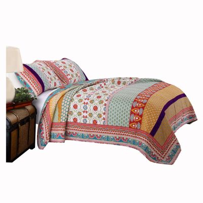 Benjara Geometric and Floral Print Twin Size Quilt Set with 1 Sham