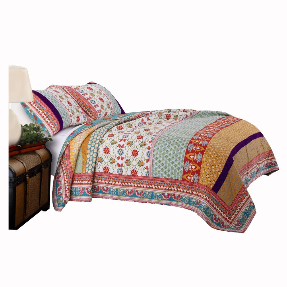 Benjara Geometric and Floral Print Twin Size Quilt Set with 1 Sham