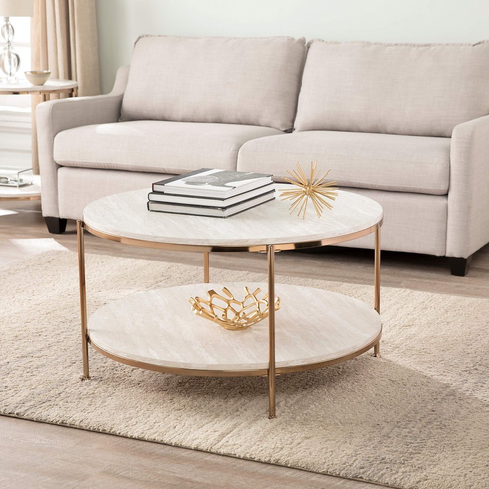 Misc Round Faux Stone Cocktail Table - Chrome/Faux Silver Glam Iron Metal Veneer Champagne Finish Chrome Metallic Includes Hardware Shelf Storage