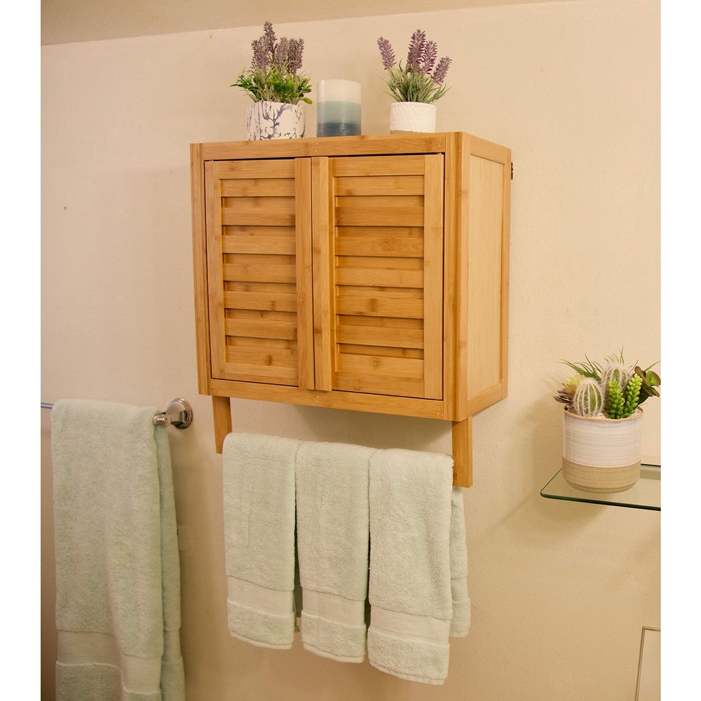 Burning Tree Solid Bamboo 2-Door Wall Mount Sp Cabinet Tan Modern Contemporary Natural Finish Adjustable Shelving Includes Hardware