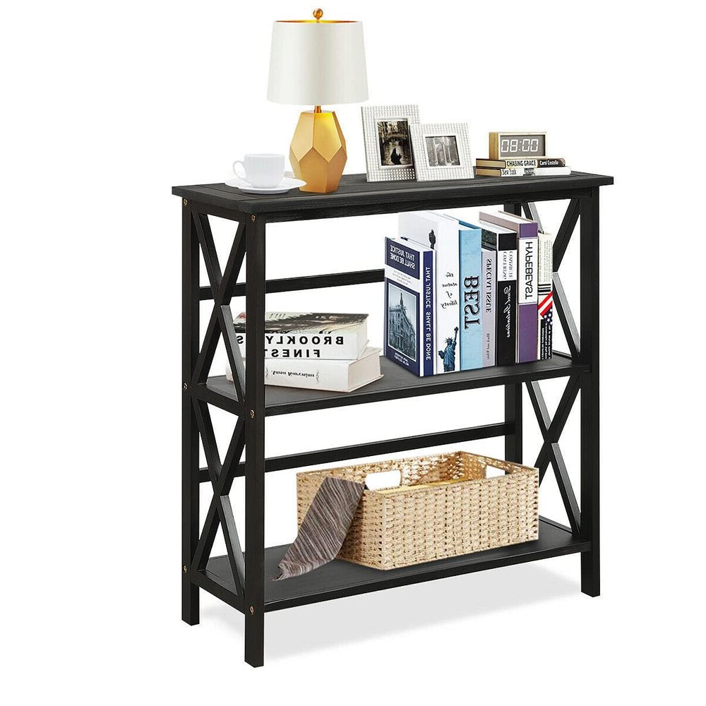 Black Modern 3 Tiers Bookshelf Bookcase Freestanding Storage Rack Books CD DVD Decorative Items Storage Organizer Anti-Toppling Device for Added Security Suitable for Living Room Study Hallway Use