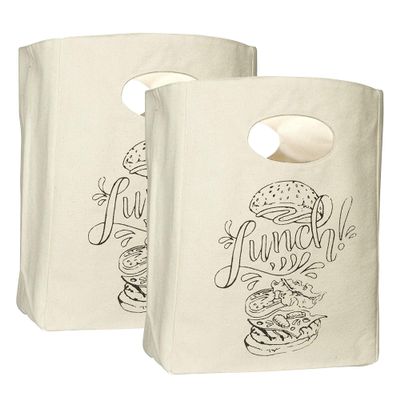Organic Cotton Canvas Lunch Bag - Eco Friendly & Machine Washable | Perfect for Men, Women & Kids - Easy to Clean Water Resistant (White with Black Print - 2 Pack)