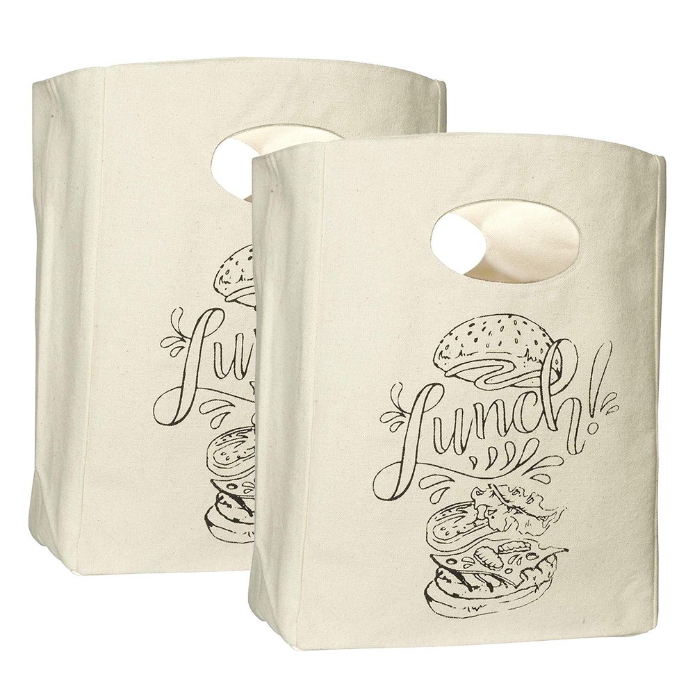 Organic Cotton Canvas Lunch Bag - Eco Friendly & Machine Washable | Perfect for Men, Women & Kids - Easy to Clean Water Resistant (White with Black Print - 2 Pack)