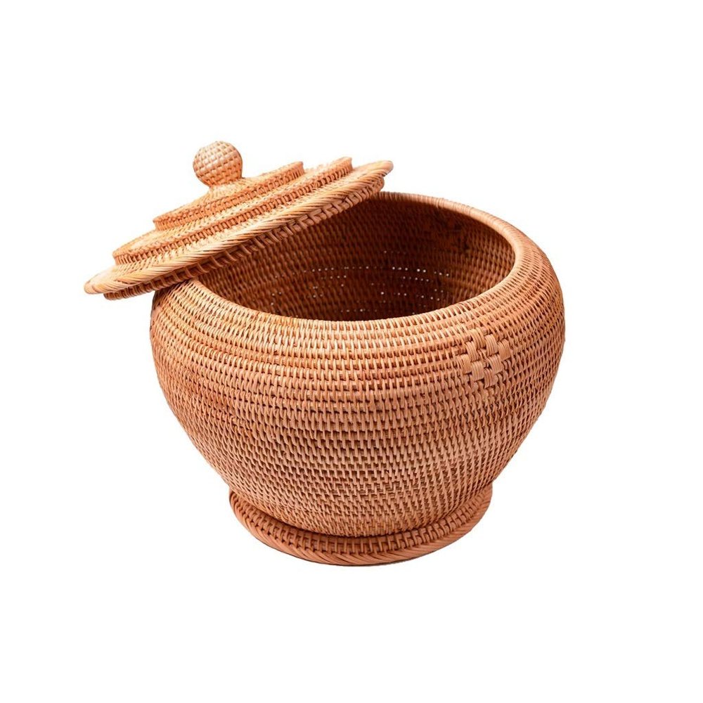 Egg Basket, With Lid Storage Rattan Weave Hamper For Picnic Food Fruit Bread