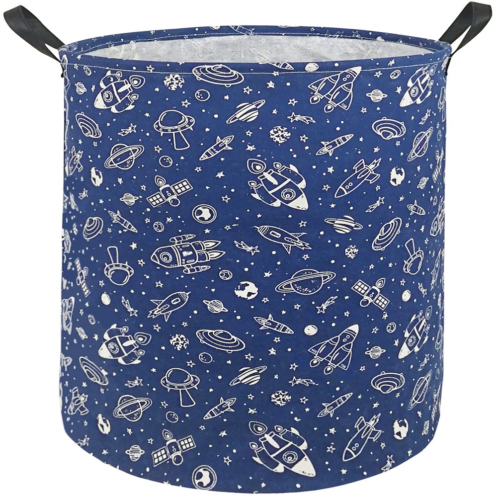 KUNRO Kids Laundry Hamper Clothes Gift Basket Storage Laundry Baskets Organizer Bin with Handles for Nursery Room (Navy Spaceship)