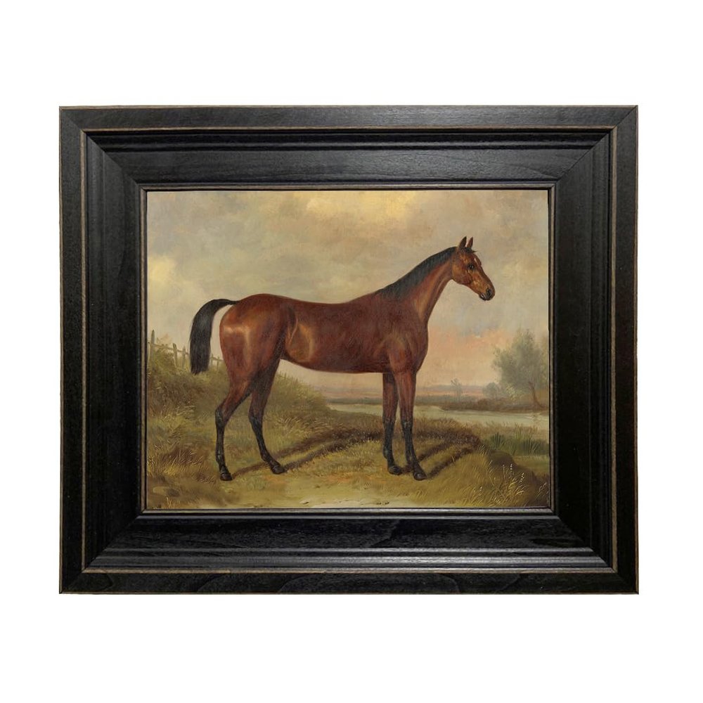 Schooner Bay Co.  William Barraud Hunter in Landscape Oil Painting Print on Canvas in Rustic Frame Home Wall Art Dcor Equestrian Horse Ready To Hang (11-1/2" x 13-1/2", Black Distressed Frame)