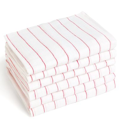 Liliane Collection Bulk Wholesale Carton of 300 Glass Towels - 16" x 27" 100% Cotton Kitchen Towels - Dish Towels in White with Red Stripes - No Streaks or Spots on Glasses, Flutes, Wine Glasses