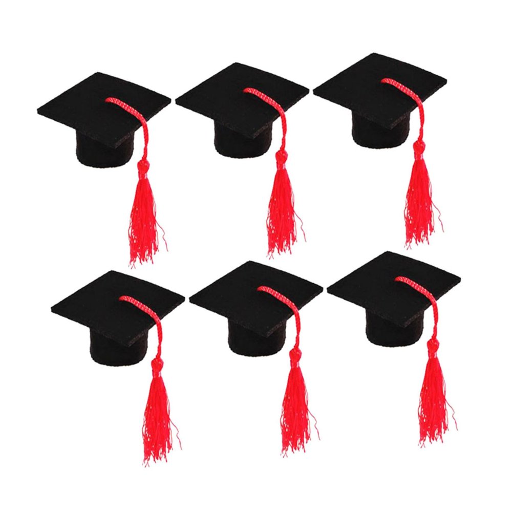6pcs Mini Graduation Caps with Tassel Doctoral Hat Shaped Wine Bottle Covers Grad Cap Decoration Ornaments for Graduation Party Favors (Red Tassel)