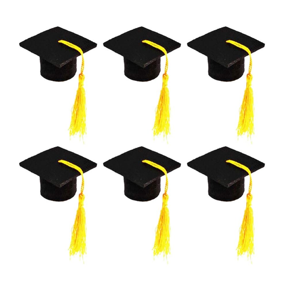 6pcs Mini Graduation Caps with Tassel Doctoral Hat Shaped Wine Bottle Covers Grad Cap Decoration Ornaments for Graduation Party Favors (Yellow Tassel)