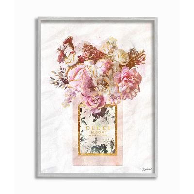 Stupell Industries Floral Bouquet Fashion Style Shopping Bag Pink White Gold, Designed by Ziwei Li Wall Art, 16 x 20, Grey Framed