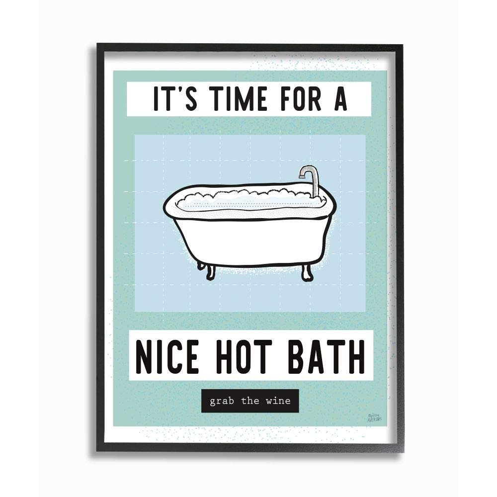 Stupell Industries Hot Bath and Wine Phrase Funny Blue Green Word Design, Designed by Melissa Averinos Wall Art, 24 x 30, Black Framed
