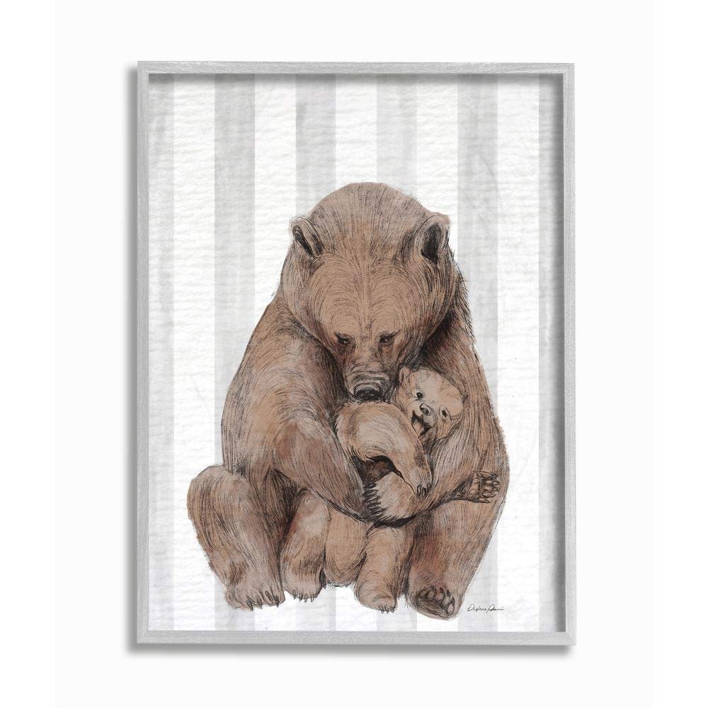 Bear and Cub Family Grey Stripe Nursery Illustration