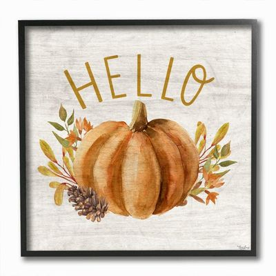 Stupell Industries Hello Pumpkin Autumn Pinecone Orange Brown Fall Seasonal, Designed by Gigi Louise Wall Art, 12 x 12, Black Framed