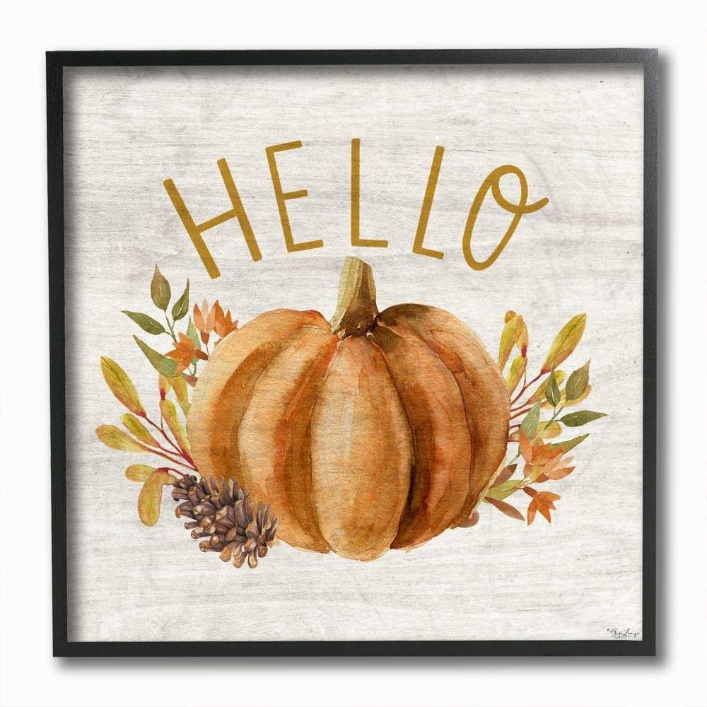 Stupell Industries Hello Pumpkin Autumn Pinecone Orange Brown Fall Seasonal, Designed by Gigi Louise Wall Art, 12 x 12, Black Framed