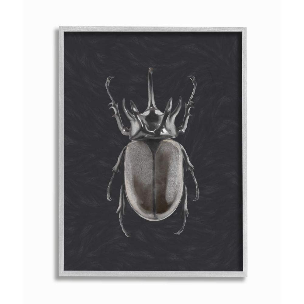 Stupell Industries Horned Beetle Black Reflective Minimal Bug Insect, Designed by Ziwei Li Wall Art, 16 x 20, Grey Framed