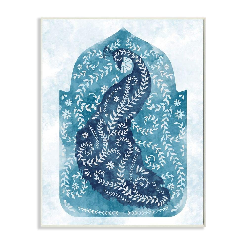 Stupell Industries Arabesque Peacock Jungle Vines Bird White Blue Watercolor