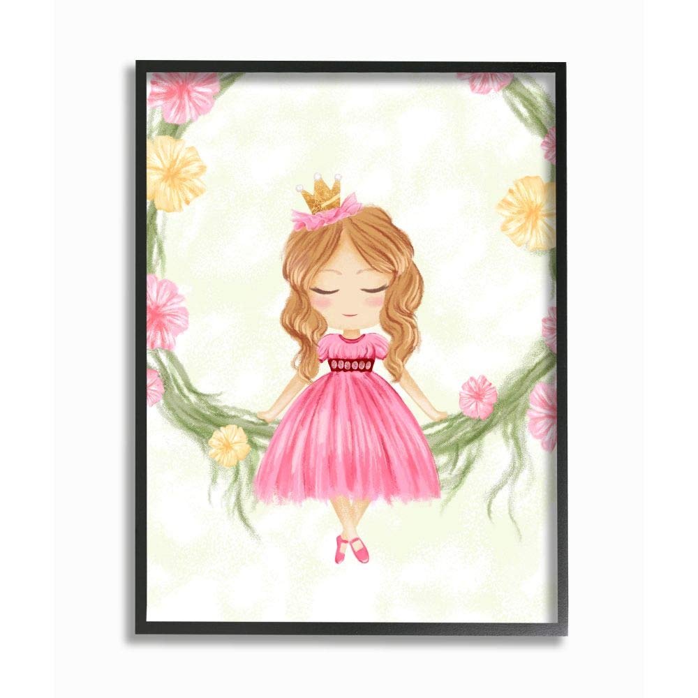 Stupell Industries Glam Girly Princess with Crown Soft Pink Floral, Designed by Ziwei Li Wall Art, 16 x 20, Black Framed
