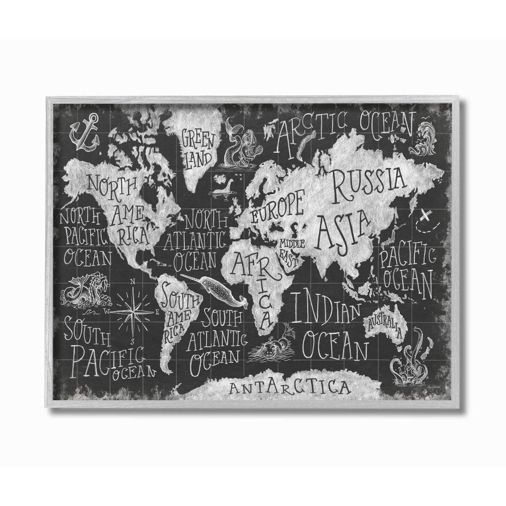 Stupell Industries Children's Mythical Creatures Fantasy Black White Chalk Map