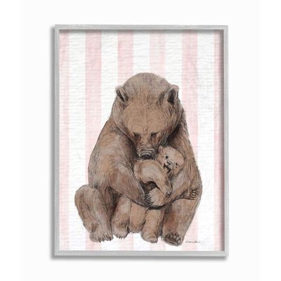 Playful Mother Bear and Cub Pink Stripe Nursery Illustration