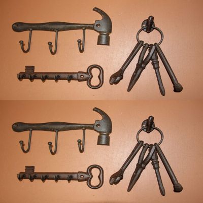 Handyman Basics Antique Style Tools Decor, Cast Iron Hammer Wall Hooks, Skeleton Key Hooks Rack, Ring of Tools, Bundle of 8