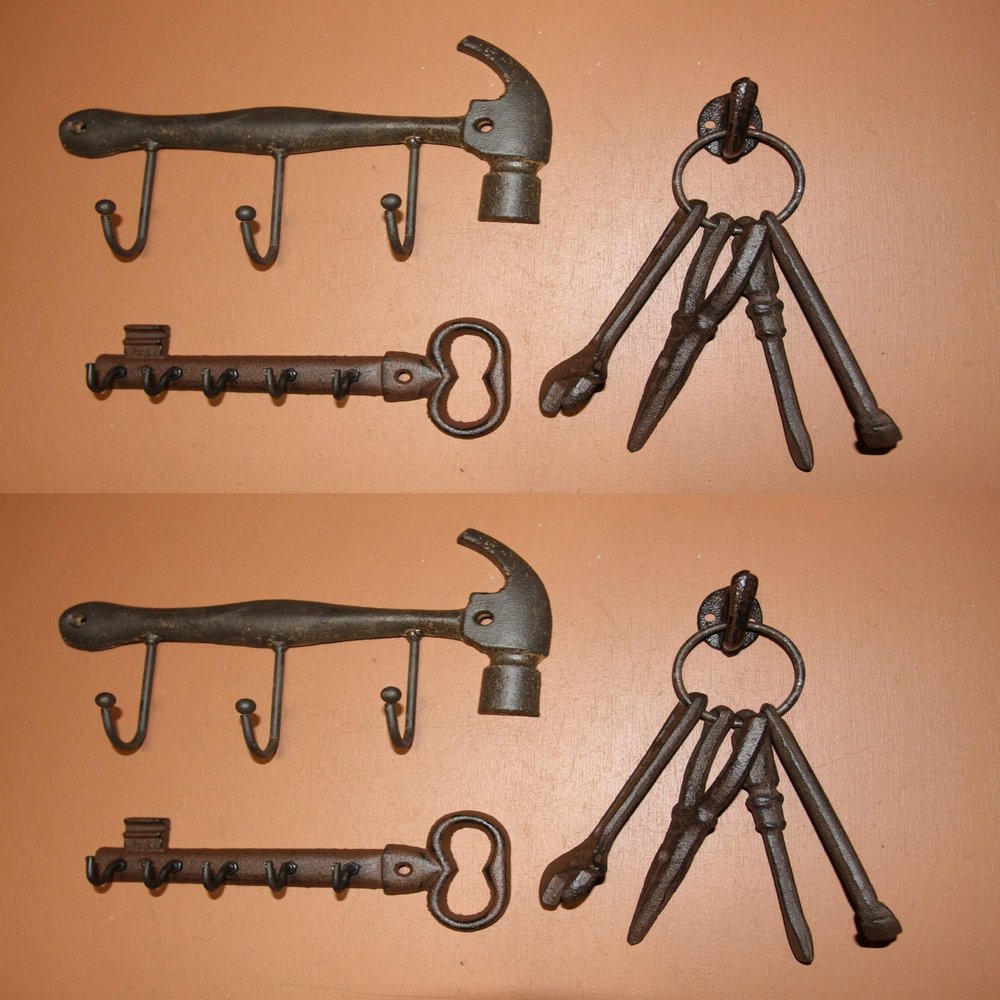 Handyman Basics Antique Style Tools Decor, Cast Iron Hammer Wall Hooks, Skeleton Key Hooks Rack, Ring of Tools, Bundle of 8