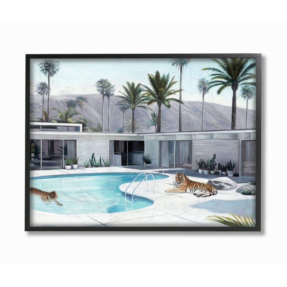 Stupell Industries Tiger Summer Swimming Pool Modern House Palm Trees, Designed by Urban Road Wall Art, 11 x 14, Black Framed