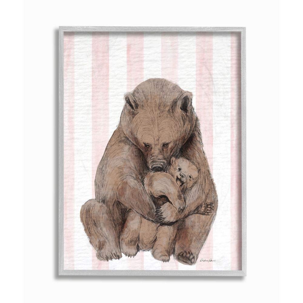 Playful Mother Bear and Cub Pink Stripe Nursery Illustration
