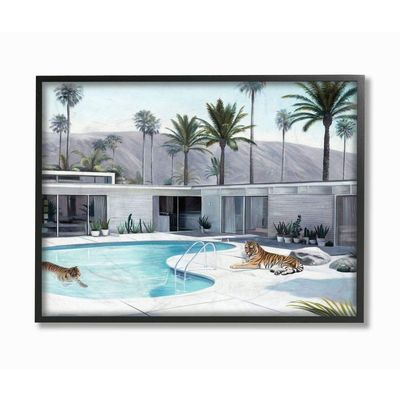 Stupell Industries Tiger Summer Swimming Pool Modern House Palm Trees, Designed by Urban Road Wall Art, 16 x 20, Black Framed