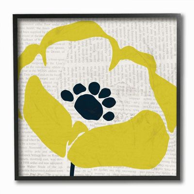 Stupell Industries Yellow Flower Pop Floral Collage Newsprint Design, Designed by Wild Apple Portfolio Wall Art, 12 x 12, Black Framed