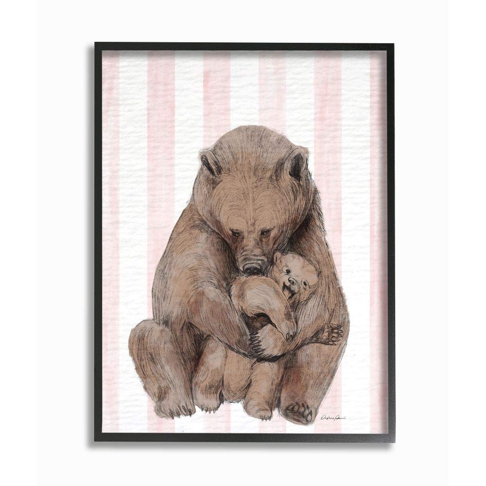 Playful Mother Bear and Cub Pink Stripe Nursery Illustration