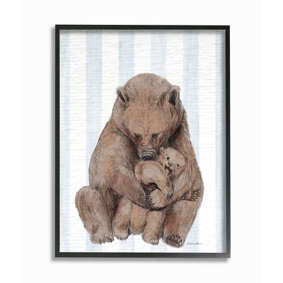 Charming Family Bear and Baby Cub Blue Stripe Nursery Illustration