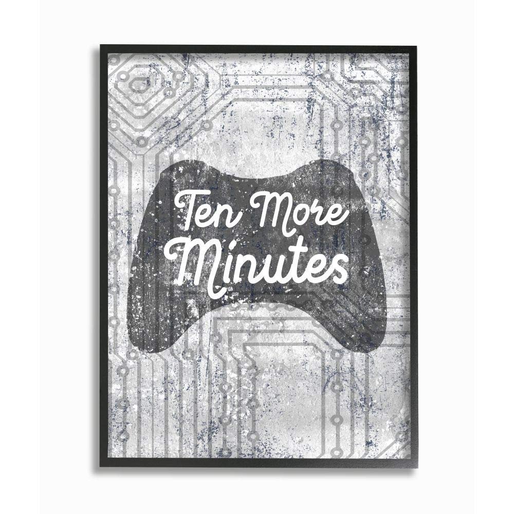 Stupell Industries Ten More Minutes Video Controller Gaming Grey White Words, Designed by Daphne Polselli Wall Art, 11 x 14, Black Framed