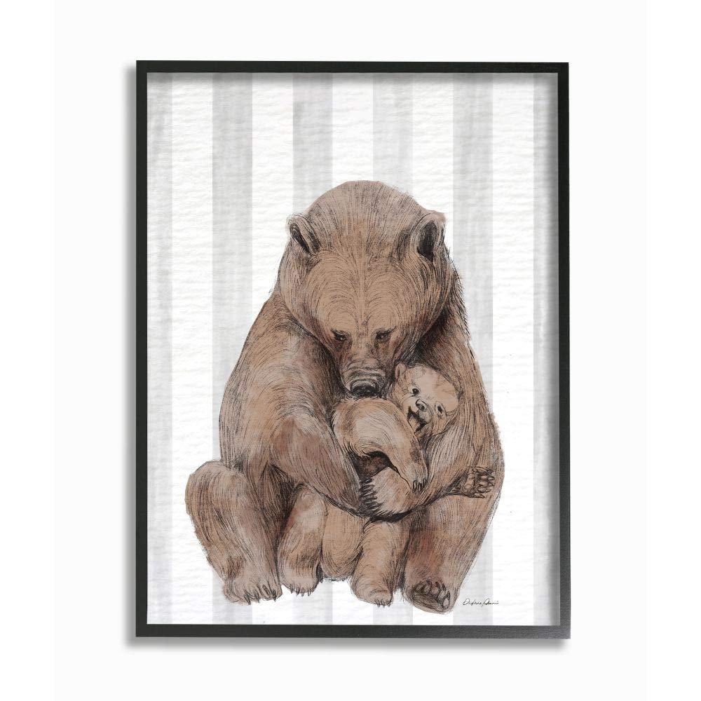 Bear and Cub Family Grey Stripe Nursery Illustration