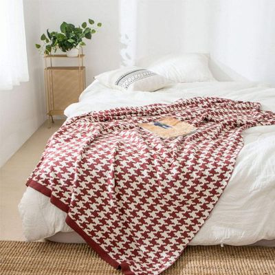100% Cotton Knitted Wine Red Houndstooth Blanket Throw 59x79inch Summer Coverlet Blanket Bed Couch Sofa Decorative Throw