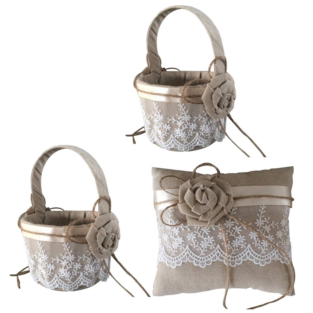 KateMelon Burlap Lace Ring Bearer Pillow and Wedding Flower Girl Baskets, Rustic Collection