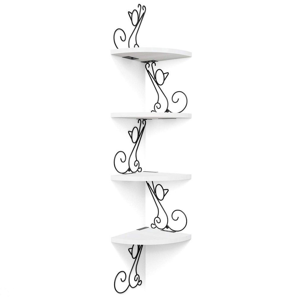 Alsonerbay Floating Corner Wood Shelves, 4 Tier Wall Mounted Rustic Storage Shelf, Cat Shaped Shelving for Wall, Solid Wooden Decor for Living Room, Bedroom, Kitchen, Bathroom, Office White