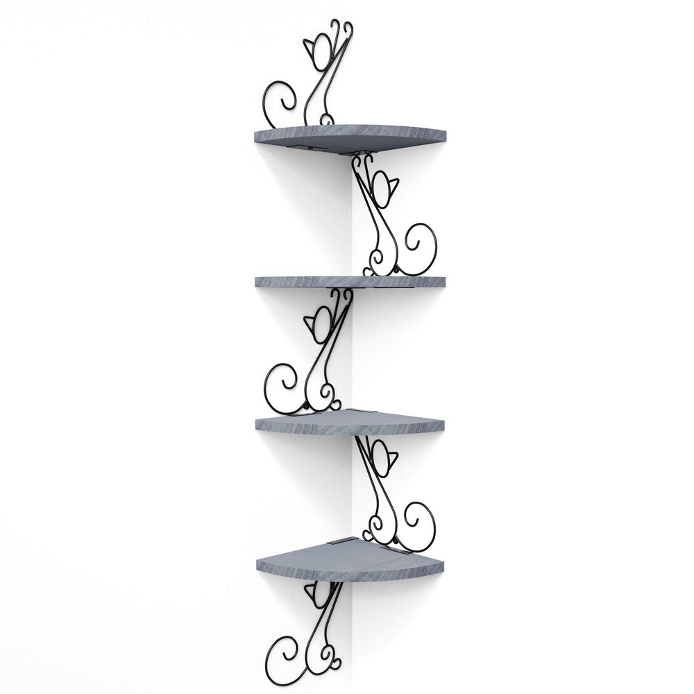 Alsonerbay Wall Mount Corner Shelves 4 Tier Floating Corner Storage Wood Shelves Decorative Rustic Radial Shelf in Cat Shape Weathered Grey
