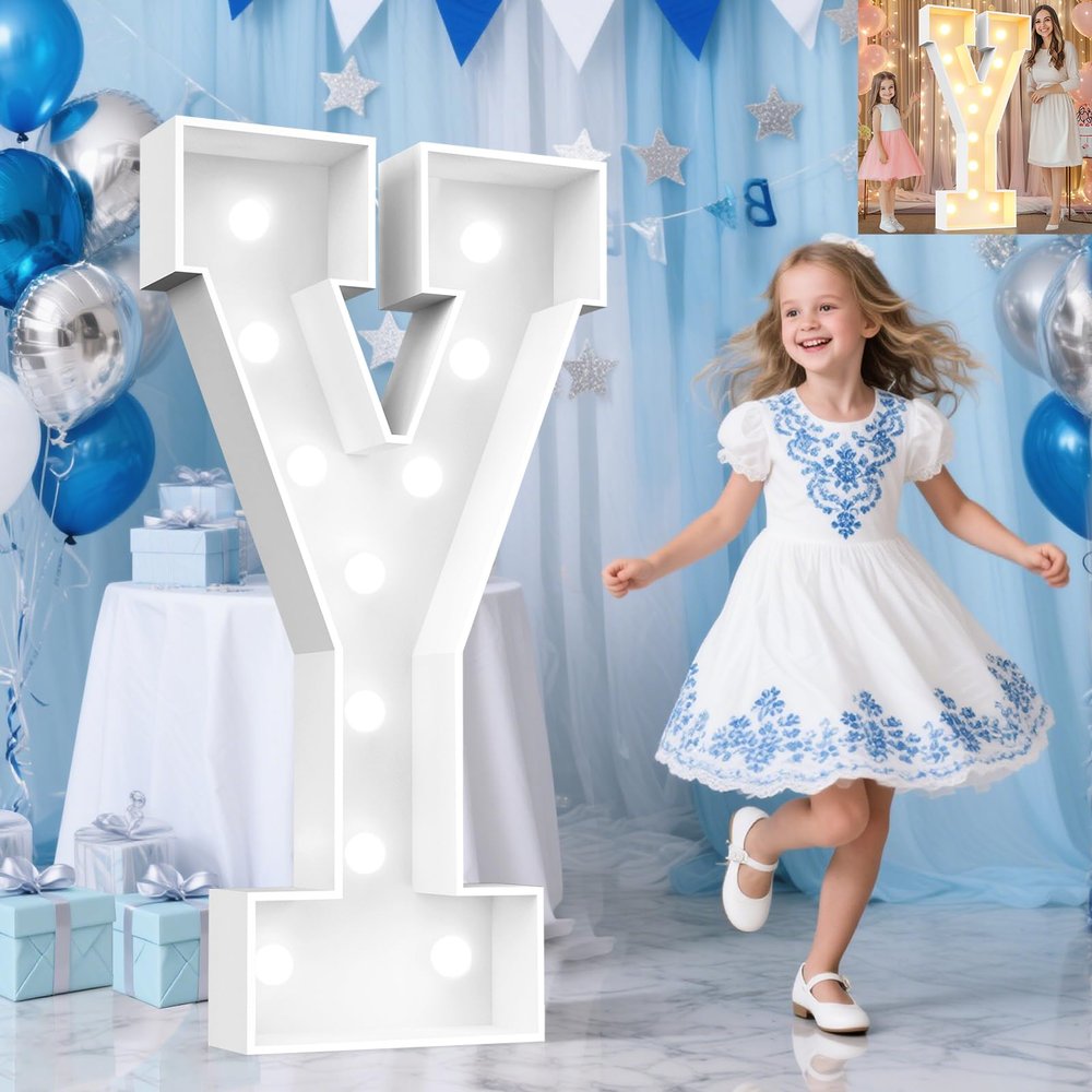 Pooqla 4 FT Marquee Light Up Letters, Giant LED Sign Cool White and Warm White Marquee Letter 4 Feet Tall, Big Mosaic Letter Y for Balloons Birthday Party Anniversary Wedding Decorations
