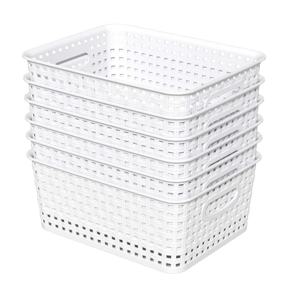 Callyne 6-Pack Woven Plastic Storage Baskets, White Pantry Plastic Baskets