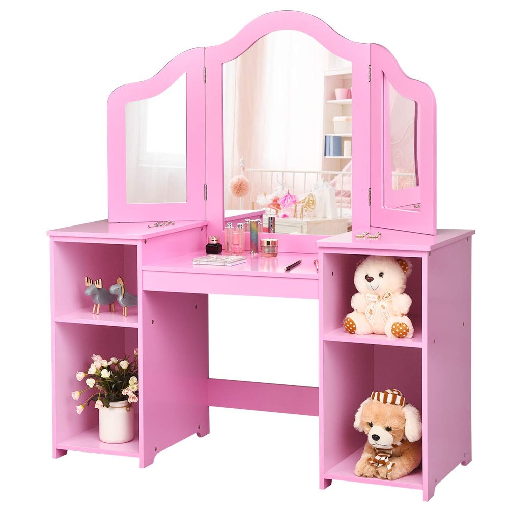 Costzon Kids Vanity, 2 in 1 Princess Makeup Desk Dressing Table with Detachable Top, Toddler Vanity with Tri-fold Mirror & Storage Shelves, Vanity Set for Little Girls, Pink