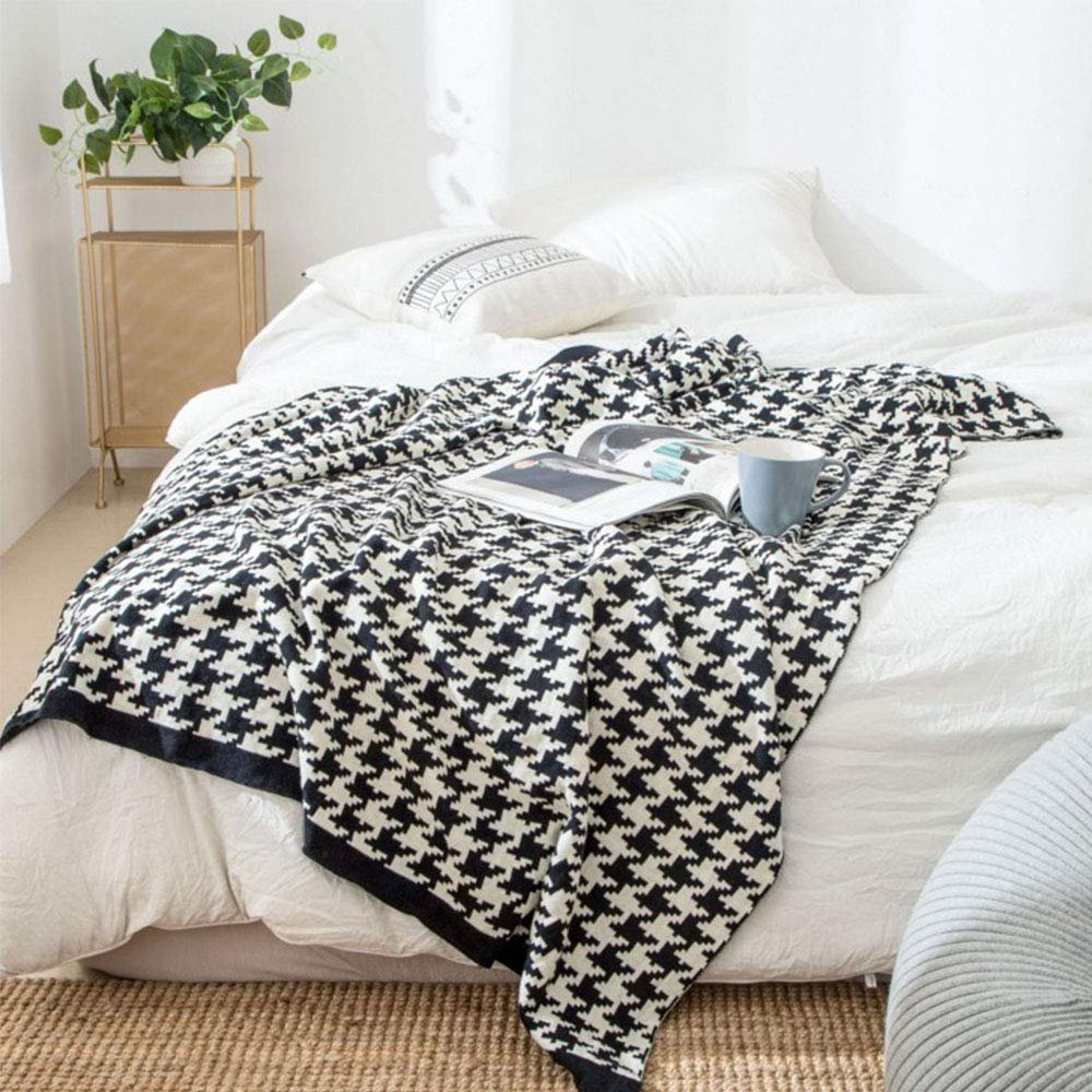 100% Cotton Knitted Black White Houndstooth Blanket Throw 79x90inch Summer Coverlet Blanket Bed Couch Sofa Decorative Throw